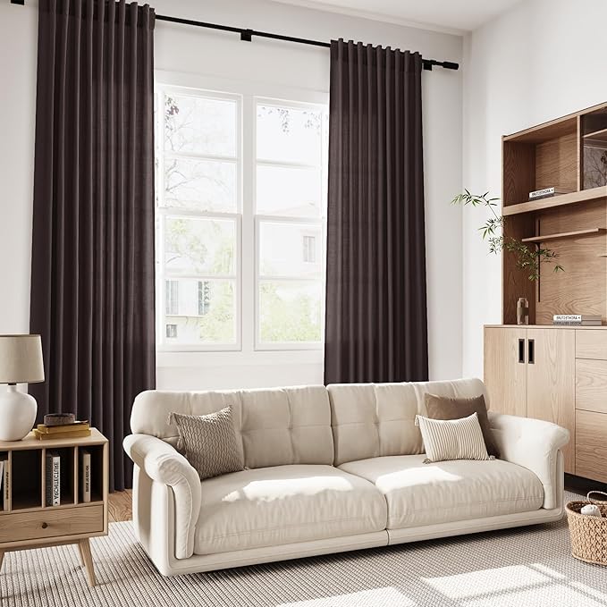 Nanspring Cocoa Coffee Linen Blend Light Filtering Back Tab Curtains 96 Inches Long, Semi Sheer Privacy Drapes for Living Room & Bedroom, 52x96 inch, 2 Panels