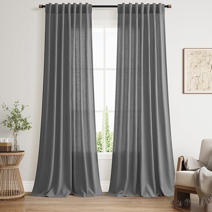 Nanspring Blazer Grey Curtain SheerLinen Blend Light Filtering Back Tab Curtains 102 Inches Long, Semi Sheer Privacy Drapes for Living Room & Bedroom, 52x102 inch, 2 Panels