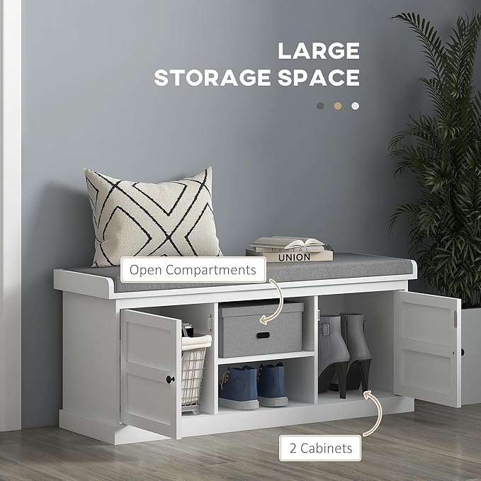 HOMCOM Shoe Bench with Cushion, Storage Bench for Entryway with Padded Seat, 2 Cabinets and Adjustable Shelf for Hallway, Living Room, Bedroom, White