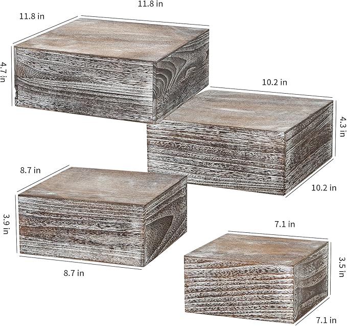Vintage Brown Square Wooden Cake Stands For Display,Set Of 4 Wood Cupcake Stands Risers, 12 Inches Rustic Wood Crates For Wedding Cake Display,Square Wooden Display Risers For Home Decor . (Vintage Black)