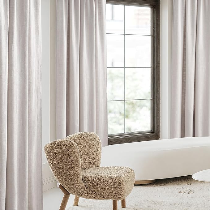 NICETOWN Linen Curtains Jacquard Waffle Weave Pattern, Boho Window Treatments Privacy with Light Filtering Drapes for Living Room, Angora, W52 x L108, 2 Panels
