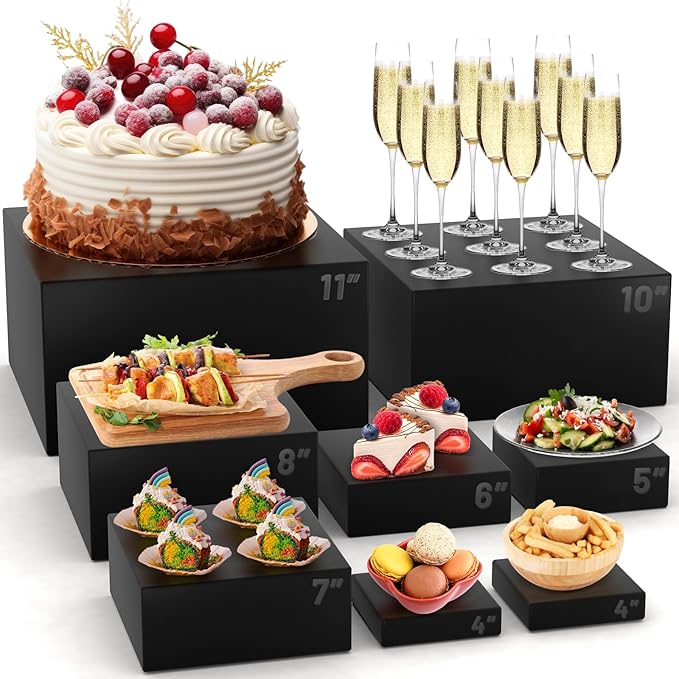 8 Pcs Buffet Food Risers, Large Acrylic Dessert Cupcake Table Stands Fruit Display Shelf Catering Supply Party Jewelry Show Decor Risers Cube Box Nesting Black （11",10", 8", 7",6",5",4", 4"