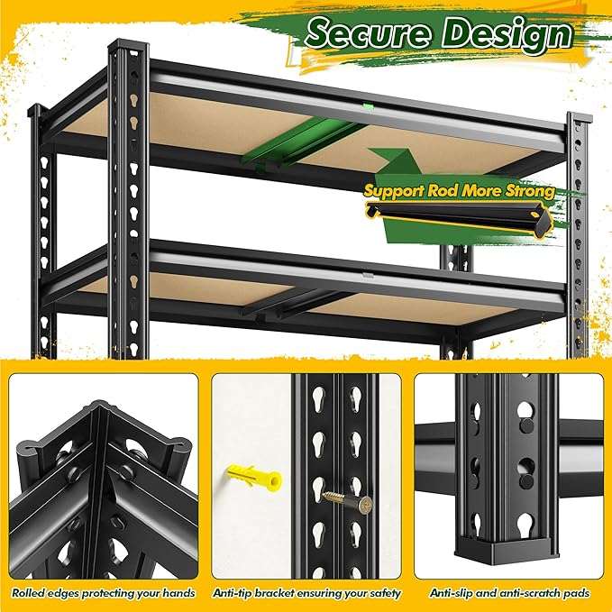 60.1" H Garage Storage Shelves 1990LBS Storage Shelves, 5 Tier Adjustable Metal Shelving, Garage Shelving for Storage, Basement, Warehouse, Pantry, Kitchen, 27.5" W x 11.9" D x 60.1" H, Black