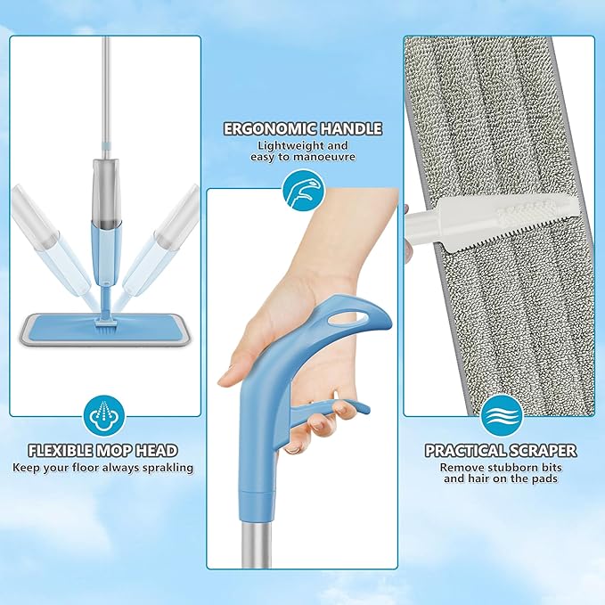Spray Wet Mops for Hardwood Floor Cleaning: MEXERRIS Floor Mop with 3 Washable Pads for Swiffer Powermop - Refillable Dust Dry Mop - Home Commercial Mops for Wood Laminate Ceramic Tiles Vinyl