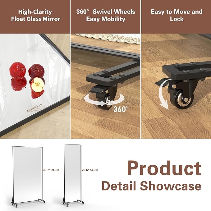 ANYHI Full Length Mirror with Wheels, 360° Swivel Full Body Rolling Mirror, 23.6"*74.5" Sturdy Standing Floor Mirror for Home Gym, Bedroom, Yoga & Dance Studio