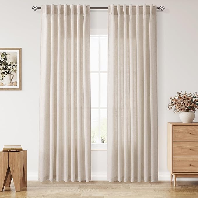 Nanspring Cream Beige Linen Curtains 84 Inches Long for Living Room Light Filtering Semi Sheer Curtain Back Tab Modern Farmhouse Decor Elegant Luxury Coastal Drapes for Bedroom Office 52x84,2 Panels
