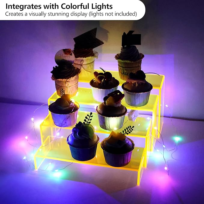 ELEGANTLIFE Acrylic Display Riser,4.3mm Heavy Duty Crystal Display Stand Shelf Layered Aesthetic, Jewelry Display Shelf Risers for Décor,4 Pack Set Multi-color (Yellow)