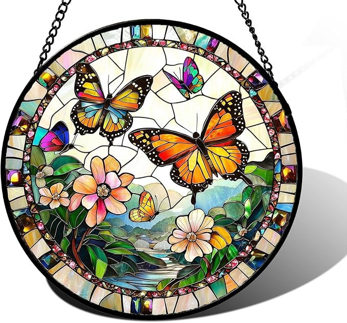 Stained Glass Window Hanging, Butterflies Flying in The Sky Suncatcher for Doors Home Sun Catchers Decoration and Christmas, Mother's Day Birthday Gifts for Women, Men, and Mom 6.3 in