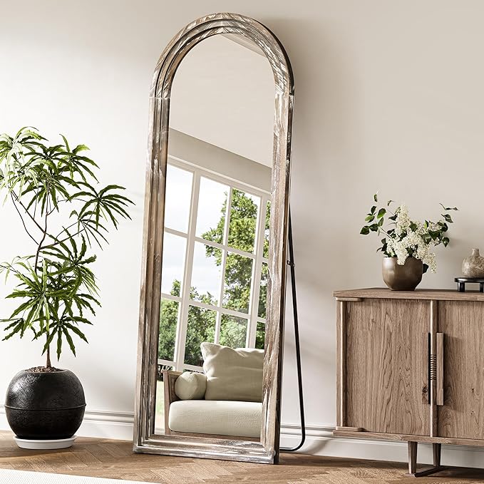 Arched Full Length Floor Mirror 63"x21", Triple-Layer Solid Wood Frame, Rustic White Farmhouse Full Body Mirror with Stand for Bedroom, Living Room, Entryway & Hallway Home Decor