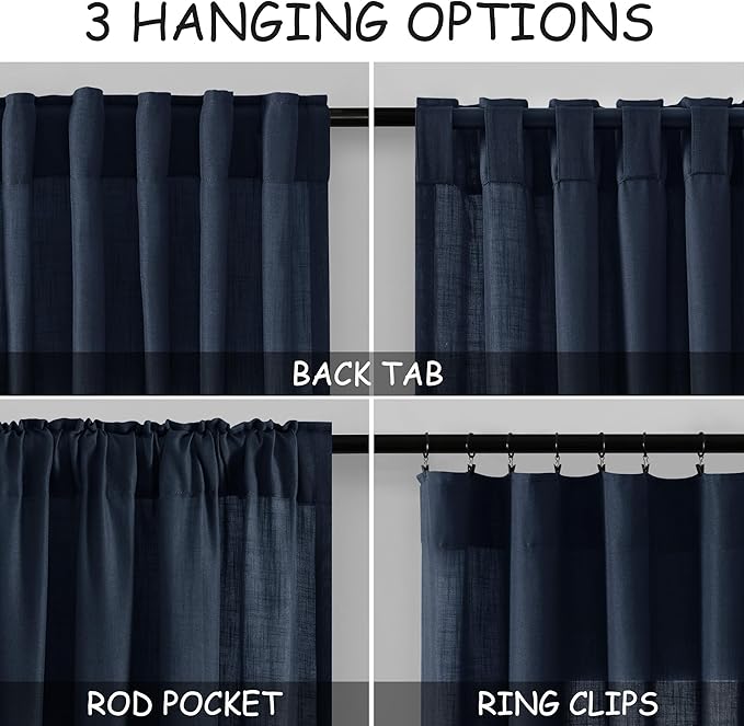 Navy Blue Curtains 84 inch Length for Bedroom Back Tab Rod Pocket Modern Nautical Farmhouse Decor Slub Linen Textured Dark Blue Semi Sheer Window Curtains 2 Panels Set for Dining Room Office Indigo