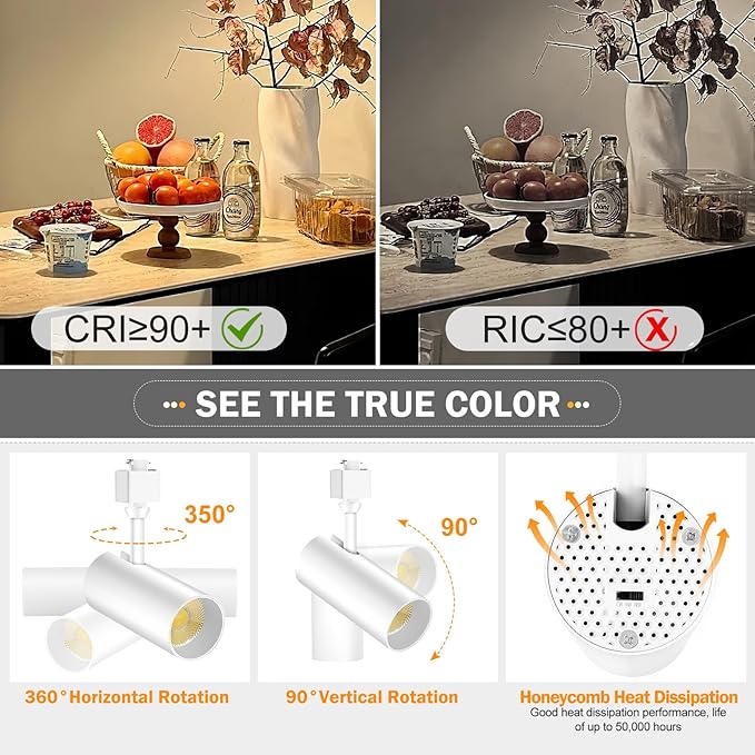 20W 3-Color Track Lighting Heads,H Type Dimmable Track Light fixtures,3000K-4500K-6000K Adjustable Track Lights Ceiling Spotlight for Retail Artwork Kitchen Lighting,Flicker Free 2000lm White