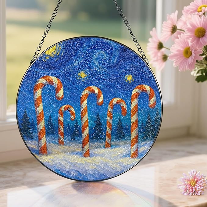 8-Inch Starry Night Stained Glass Ornament, Stained Glass Window Hanging, Window Hanging Decor Suncatcher – Gifts for Christmas Lovers, Friends, Family, Coworkers | Holiday Decorators