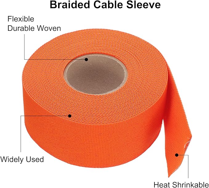 MECCANIXITY Braided Cable Sleeves Heat Shrinkable Fabric Sleeving, 1 9/16" 40ft Orange 2:1 Ratio Heat Shrinkable Cord Protector for Harness Cable, Network Cable Protection, Cable Management