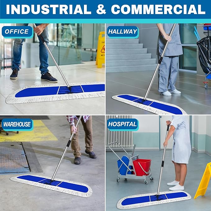 48 inch Commercial Dust Mop for Hardwood Floors, Large Size Dry Mop, Reusable Cotton Yarn Head, Telescopic Stainless Steel Handle, Industrial dust mops for Floor Cleaning, Marble, Blue