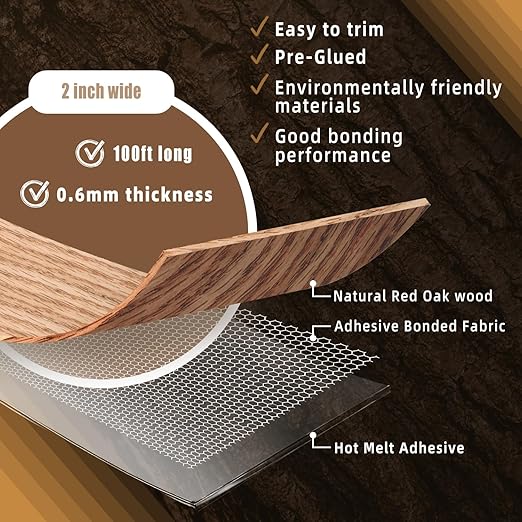 GSCIT Club Red Oak Edge Banding, 2 inch x 100ft roll of Veneer Edge Banding -Pre-glued Flexible, Real Wood Tape Banding for Cabinet Repair Furniture Restoration