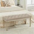 LOULENS 43.9" Linen Fabric End of Bed Bench, Vintage French Upholstered Button Tufted Entry Bench, Window Seat with Carved Wood Legs for Bedroom, Living Room, Entryway, Foyer, Hallway, Light Brown