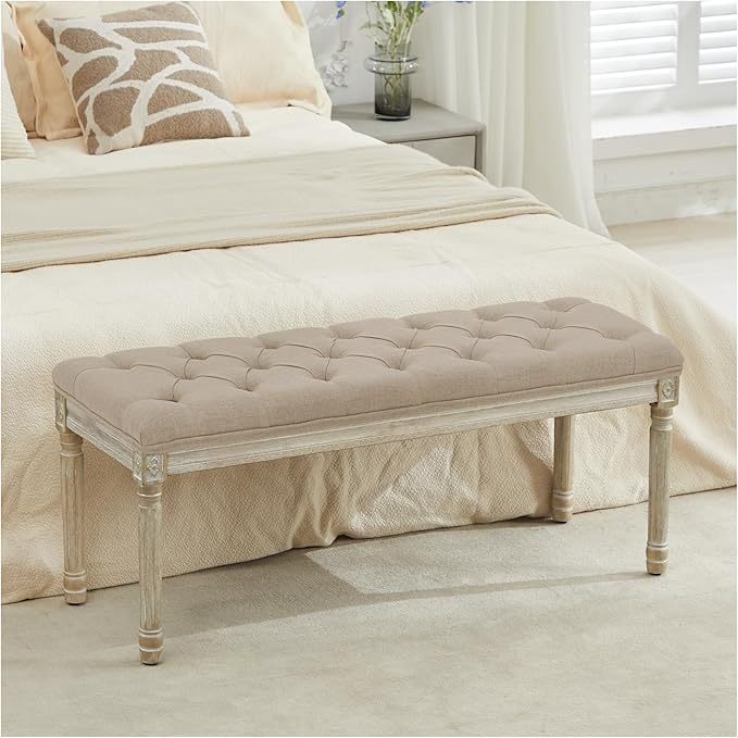 LOULENS 43.9" Linen Fabric End of Bed Bench, Vintage French Upholstered Button Tufted Entry Bench, Window Seat with Carved Wood Legs for Bedroom, Living Room, Entryway, Foyer, Hallway, Light Brown
