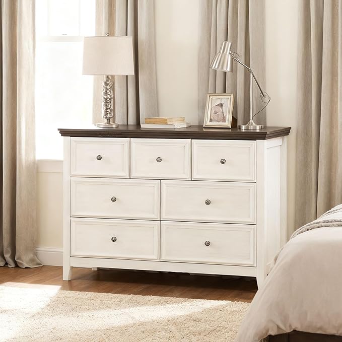 BLANKSPACE 7 Drawer Dresser, Modern Farmhouse Dresser Chest of Drawer for Bedroom, Chest of Drawers Storage Cabinet for Living Room, Entryway, Hallway, Antique White