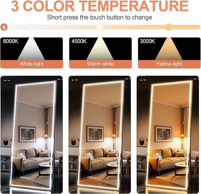 Full Length Mirror with Lights, 95" x 40" Large LED Lighted Floor Standing Body Mirror, Dimmable & 3 Color Lighting for Home Gym, Cloakroom, Living Room, Tempered Glass, Square Black