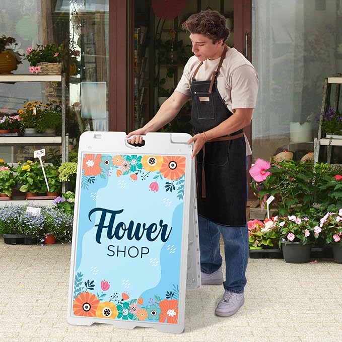 Jumbl Outdoor A-Frame Sandwich Signboard 24” x 36” Display Surface – w/PVC Sign Protector & Sand Fill Holes – Duel Display Signage Stand for Storefront Sidewalk Curb (White)