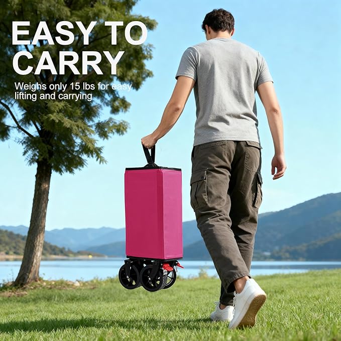 Collapsible Wagon with Wheels,Wagons Carts Foldable Wagon Cart with Flexible Handle, Lightweight Portable Folding Utility Grocery Shopping Cart for Grocery Sports Garden Camping(Pink)