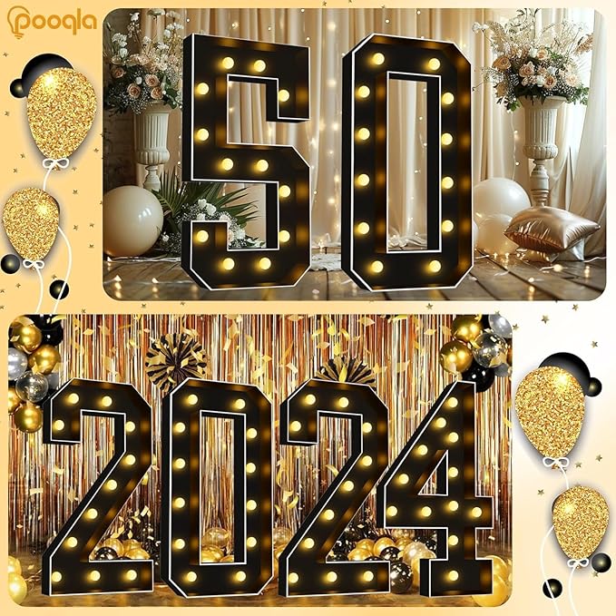 Pooqla 4 FT Light Up Marquee Numbers, Black Letter Big Mosaic Numbers 4 Feet Tall for 10th 50th Birthday, Giant Marquee Number Lights for Balloons Party Anniversary Wedding Decorations, Number 0