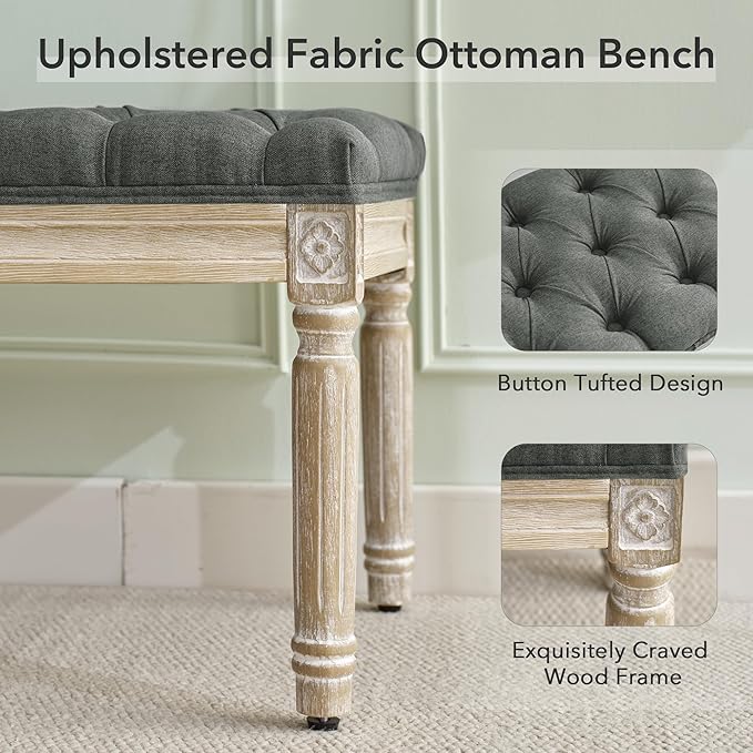 LOULENS French Vintage Entryway Bench, Linen Fabric Tufted Bench, Upholstered End of Bed Bench with Brushed Wood Legs, Dark Grey