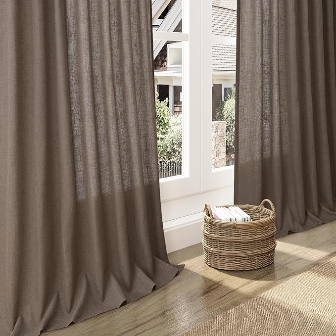 Extra Long Curtain 108 Inches Long 2 Panels Set Back Tab Light Brown Linen Drapes for Living Room Neutral Farmhouse Light Filtering Semi Sheer Linen Curtains 108 Inch Length for Large Window 9 FT