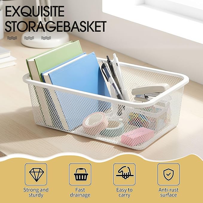 4 Pcs Metal Wire Basket 16.5in Metal Mesh Basket Pantry Organizers Bin Containers for Home Organizing Cabinet Pantry Closet Kitchen Fridge Fruit Makeup Snacks Gifts(White,Small)