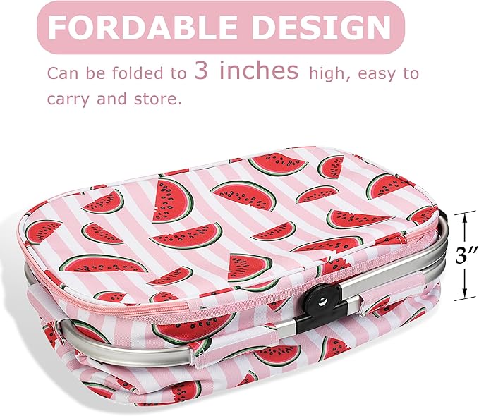 Tirrinia Large Insulated Picnic Basket, 34L Water Resistant & Leakproof Collapsible Portable Cooler Basket Set with Aluminium Handle for Travel, with a Free Foldable Grocery Bag, Pink