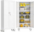 Metal Garage Storage Cabinet with Lock, Steel Tool Cabinet with 2 Doors and 5 Adjustable Shelves, 75” Tall Lockable File Cabinet with Wheels, Organization for Home Office Garage Gym - White