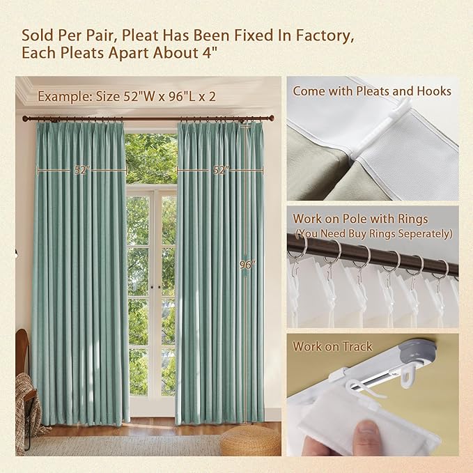 Textured Linen Double Pleated 100% Blackout Curtains for Bedroom/Living Room Blackout Curtains 96 Inches Long, Energy Saving Window Treatment Curtains,120Wx96Lx2,Green