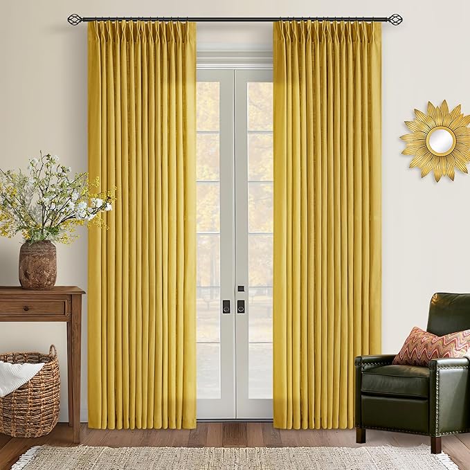 Mustard Yellow 90 Inch Linen Curtains Pinch Pleated for Living Room Bedroom Dining Boho Light Filtering Pinch Pleat Drapes Hooks Rings Back Tab Semi Sheer Gold Harvest Spring Window Curtains 2 Panels