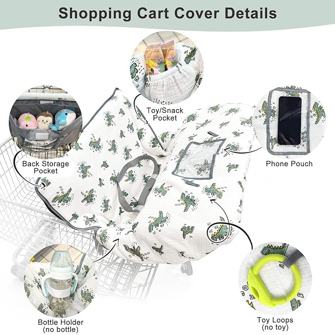Muslin Shopping Cart Cover for Baby Soft & Breathable High Chair Covers for Restaurant Seat Grocery Cart Cover with Storage Pocket Machine Washable for Infant Toddler Boy and Girl, White