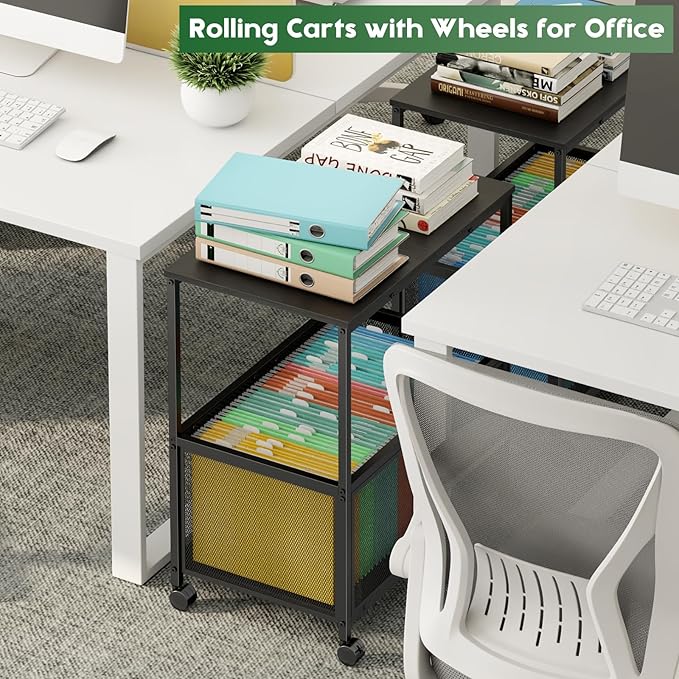 Rolling File Cart, Mobile File Cabinet with Wheels Hanging Files, Filing Cabinet Organizer Printer Stand File Organizer Fit Letter Size for Home Office, Black