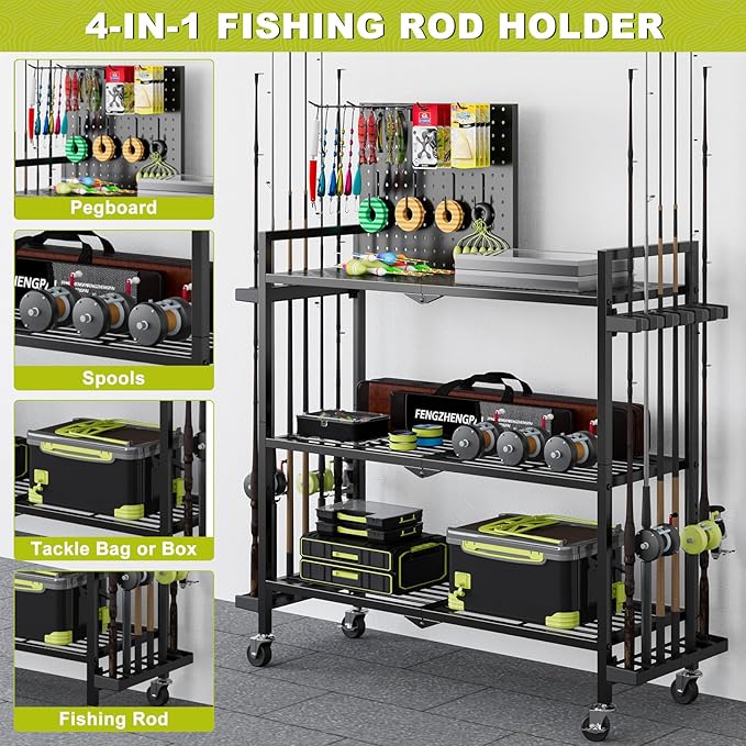 Fishing Rod Holders for Garage, Fishing Rod Stand with Wheels and Pegboard, 3-Tier Pole Storage Rack with 8 Hooks and 12 Rod Slots, Ideal for Tackle, Backpacks, and Gear