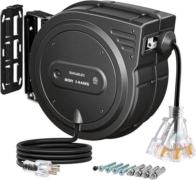 SURAIELEC 80 FT Retractable Extension Cord Reel, 14 AWG SJTOW Power Cord for Garage & Workshop, 10A Circuit Breaker, Wall/Ceiling Mount, Upgraded Anti-Tangle Roller Design, ETL Listed