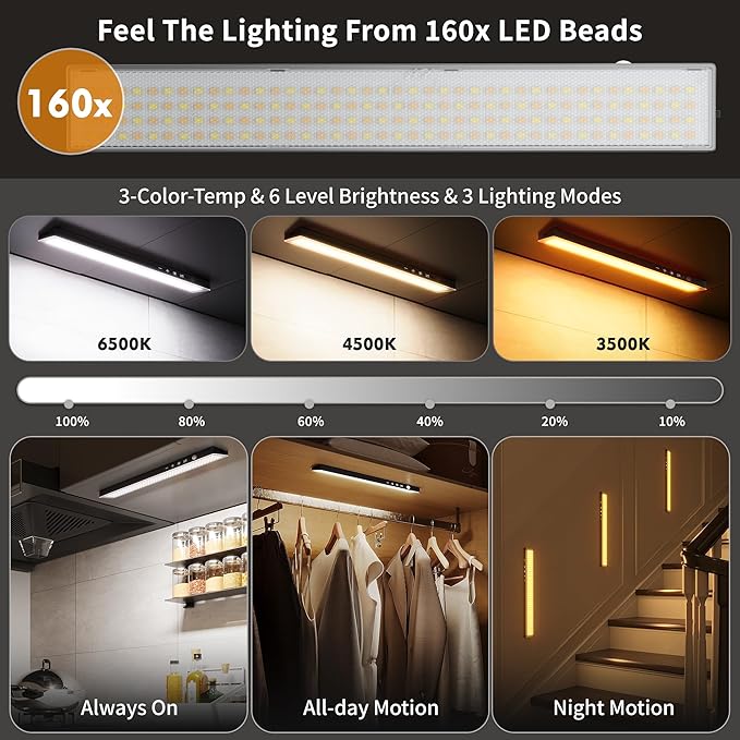 160LEDs Touch-Control Under Cabinet Lighting w/4000mAh Battery, Cordless Motion Sensor Under Counter Lights for Kitchen, Magnetic Rechargeable Closet Lights - 3Pack/Black, 2025 Fall