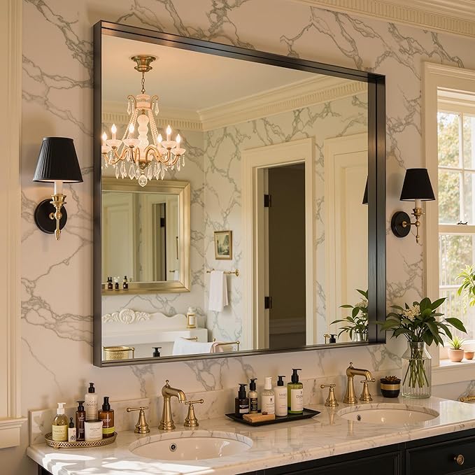 40"x40" Black Framed Bathroom Mirror, Large Rectangular Vanity Mirror, Aluminum Metal Frame, Wall Farmhouse Modern Wall-Mounted Mirrors for Bathroom, Bedroom, Living Room, Over Sink