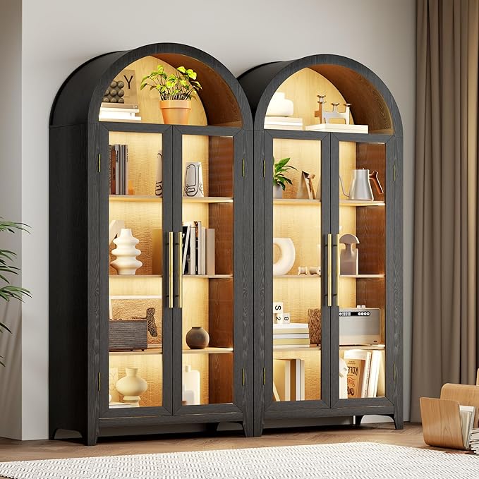 Vlsrka 71" Arched Display Cabinet with Glass Doors, Curio Cabinet with LED Light & Human Sensor, 5-Tier Display Cases for Collectibles, Storage Cabinet with Ajustable Shelf for Living Room(Black+Wood)