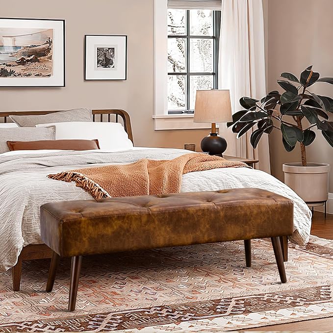 Furnimart Faux Leather Bench Ottoman, Tufted Button Bedroom Benches Footrest Stool in Solid Wood Legs, Long and Dining Bench, Indoor Bench for Entryway Living Room Bedroom (Leather-DustYellow)
