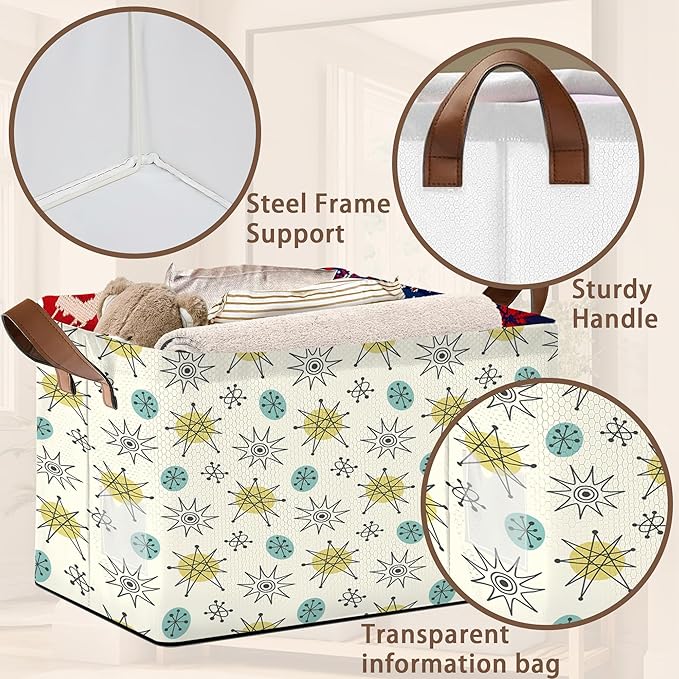 Mid Century Modern Storage Basket Large 17x11.5x10.5 Inche-Collapsible Fabric Organizer Bin with Handles for Living Room, Bedroom, Blankets-Decorative Hamper with Vintage Geometric Design-Single Pack