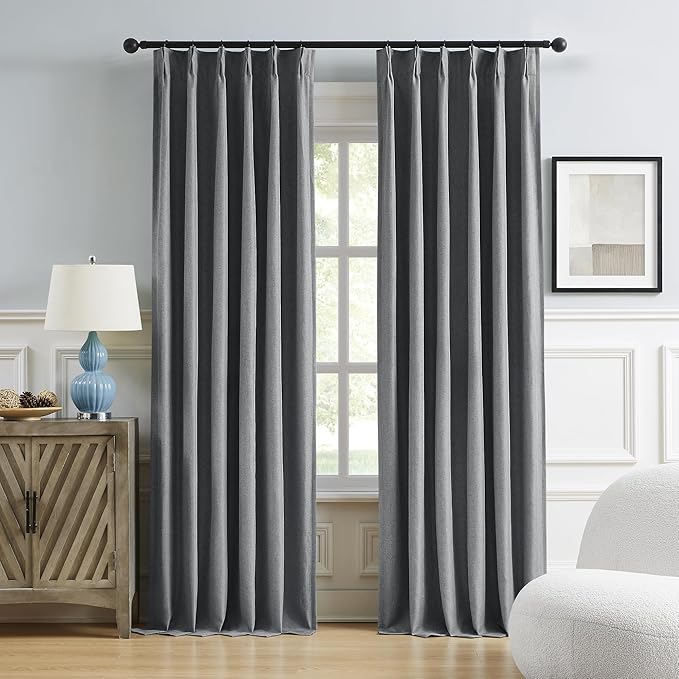 DUALIFE Full Blackout Pinch Pleated Curtains Dark Grey, Back Tab with Hooks, Thermal Insulated Track Curtains for Bedroom Living Room,40" Wx84 L, 2 Panels