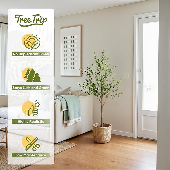 2 Pack Artificial Olive Tree 5FT, Tall Faux Olive Trees for Indoor Outdoor, Realistic Potted Plant Natural Wood Trunk, Leaves and Fruits for Home Office Decor (2, 5FT)
