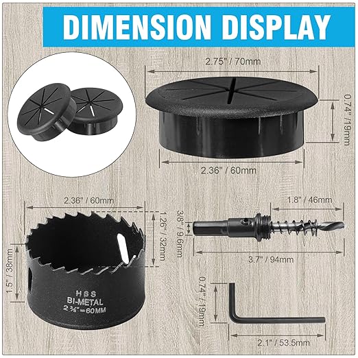 2-3/8" Black Desk Grommet, JTemgle Flexible Cable Grommet with Bi-Metal Hole Saw Rubber Cable Hole Cover Wire Organizer Caps Desktop Cord Management for Home Office TV Stands Tabletops, 13 Pieces