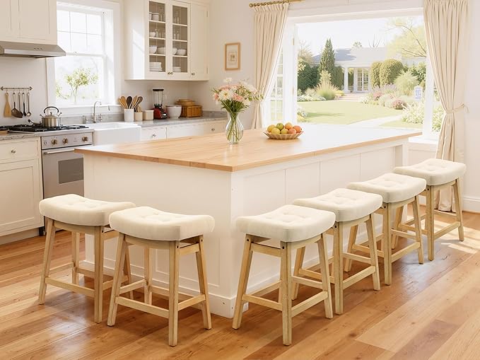 Counter Height Bar Stools Set of 4 for Kitchen Counter, Backless Farmhouse Kitchen Island Barstools with Upholstered Fabric Saddle Seat and Solid Wood Legs Modern 24 inch Bar Chairs, Khaki