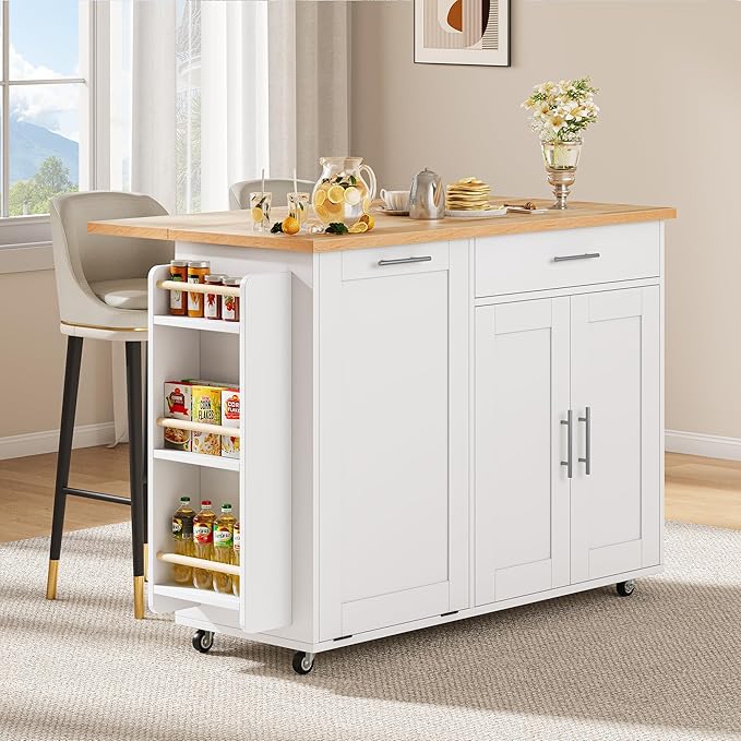 53.9" Rolling Kitchen Island Cart with Drop Leaf & Storage - Mobile Kitchen Organizer with Wheels, Rubberwood Top, Trash Bin Cabinet & Towel Rack, White Farmhouse Style for Small Spaces