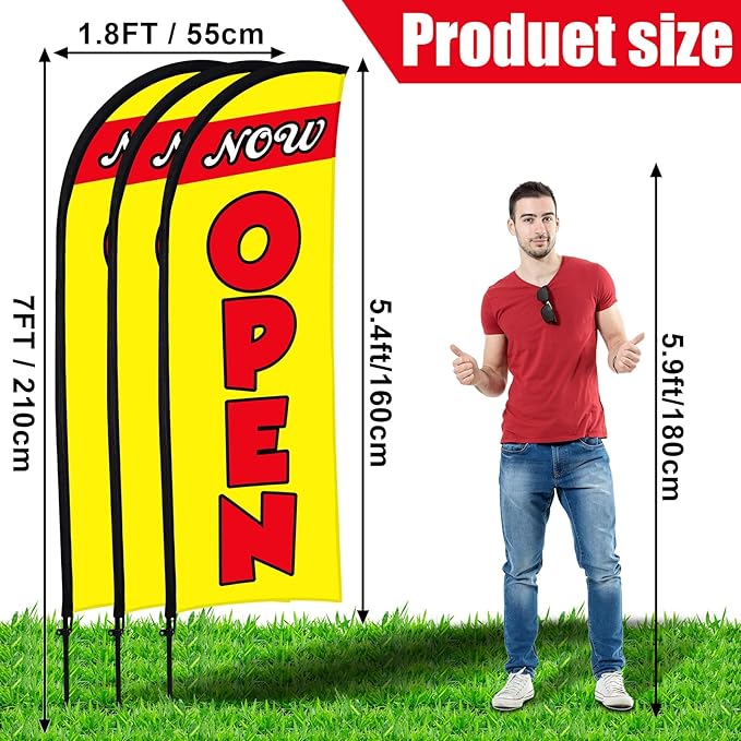 Buryeah 3 Sets Now Open Feather Flag Pole Kit for Business Advertising 7 ft Open Flag Banner Sign with Pole Kit Ground Stake and Portable Bag for Outside Ground(Yellow)