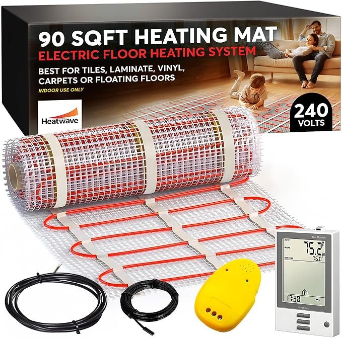 Electric Heated Floor System, 90 Sqft 240V Underfloor Electric Heating System, Heated Floor Mat, Radiant Heaters for Indoor Use, Heating Mat with 7-Day/4 Event Programmable GFCI Thermostat