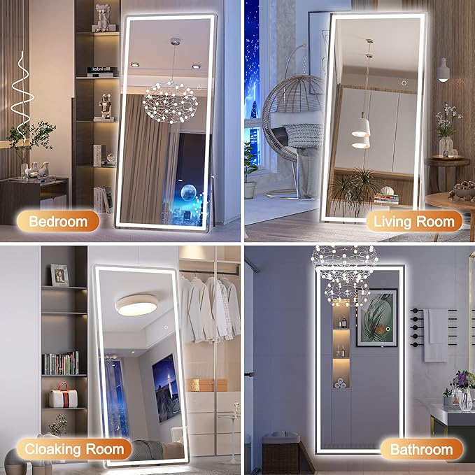 Hasipu Full Length LED Mirror with Lights, 83" x 36" Floor Standing or Hanging Mounted, Full Body Dressing Mirror, Dimmable Light, Tempered Glass, Square Black